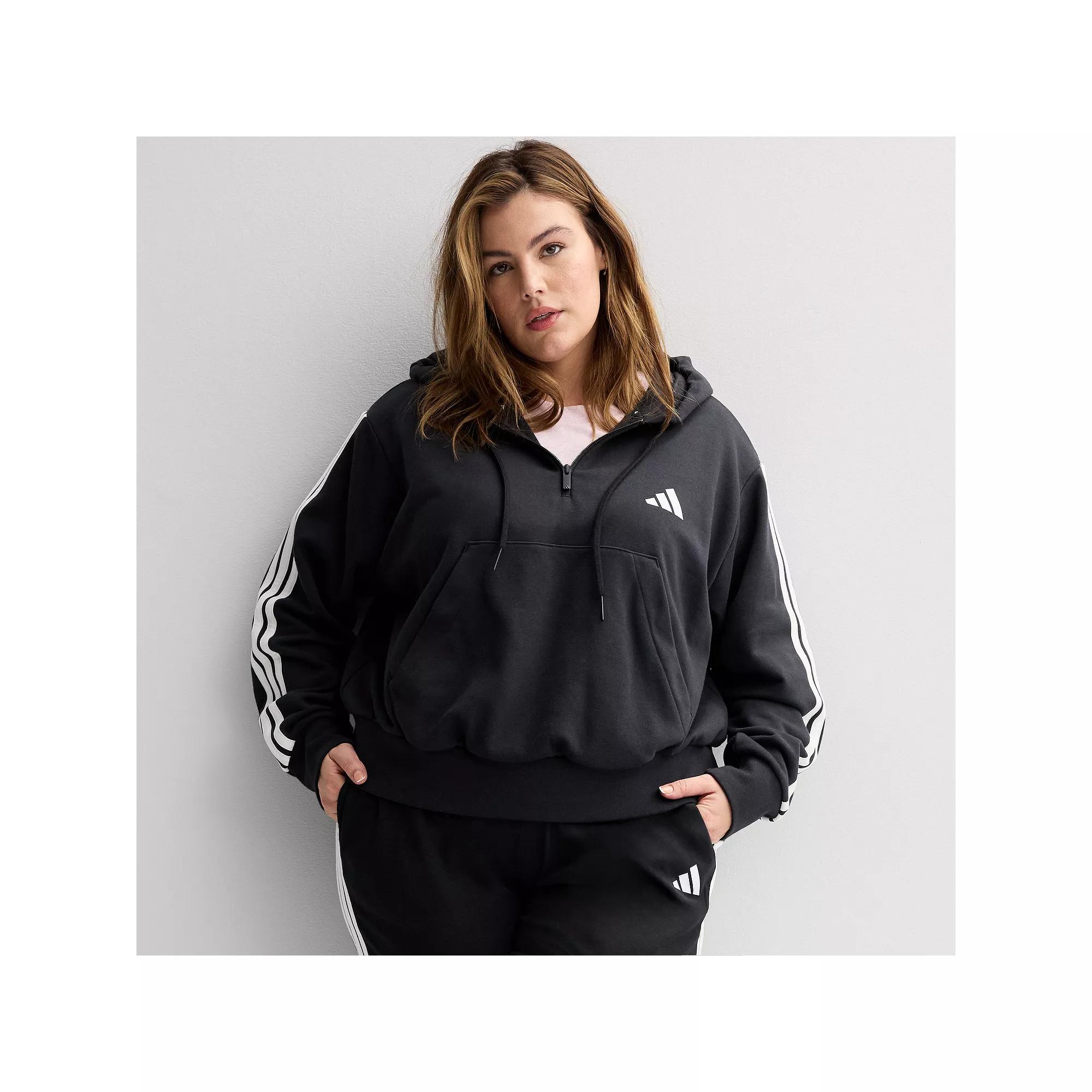 Women's adidas Essentials 3-Stripes Quarter-Zip Hoodie, Size: 3XL, Black White Product Image