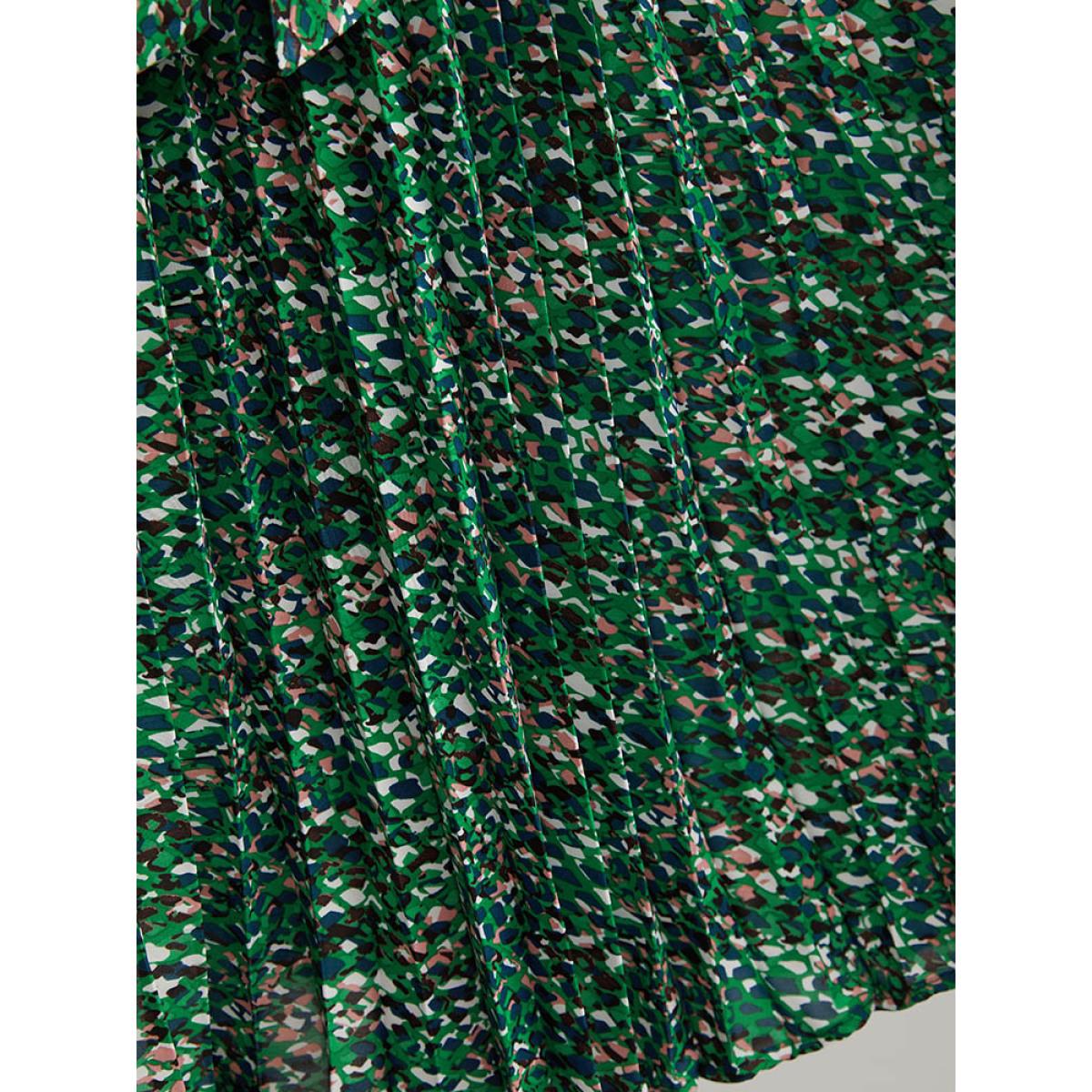 Plus Size Ditsy Floral Belted Pleated Dress Cyan Women Glamour Belted V-neck Long Sleeve Curvy Midi Dress BloomChic 22-24/3X Product Image