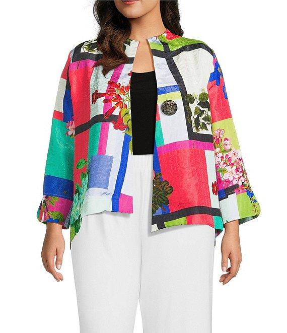 IC Collection Plus Color Block Floral Print Stand Collar Bracelet Sleeve Jacket Product Image