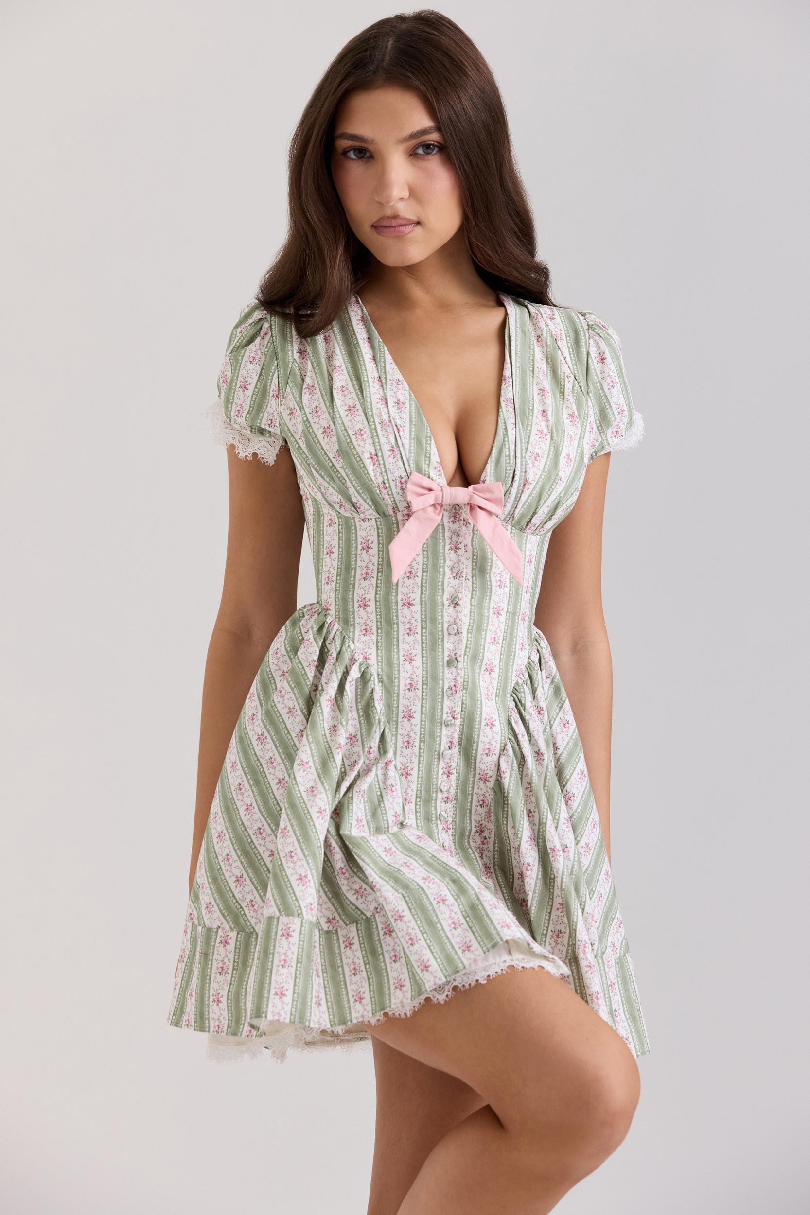 Emiliana  green stripe floral print stretch cotton mini dress Product Image