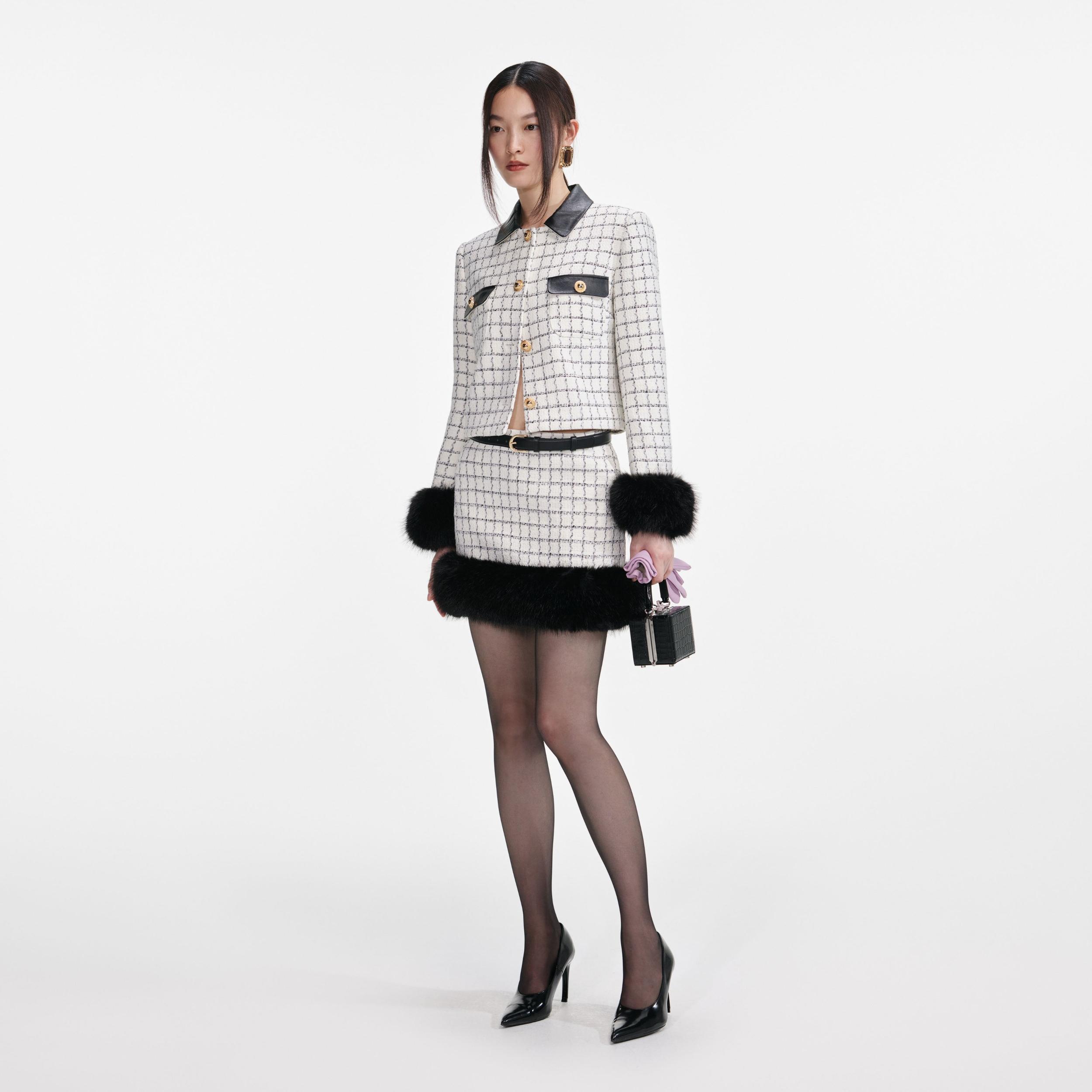 Check Boucle Fur Hem Mini Skirt Product Image