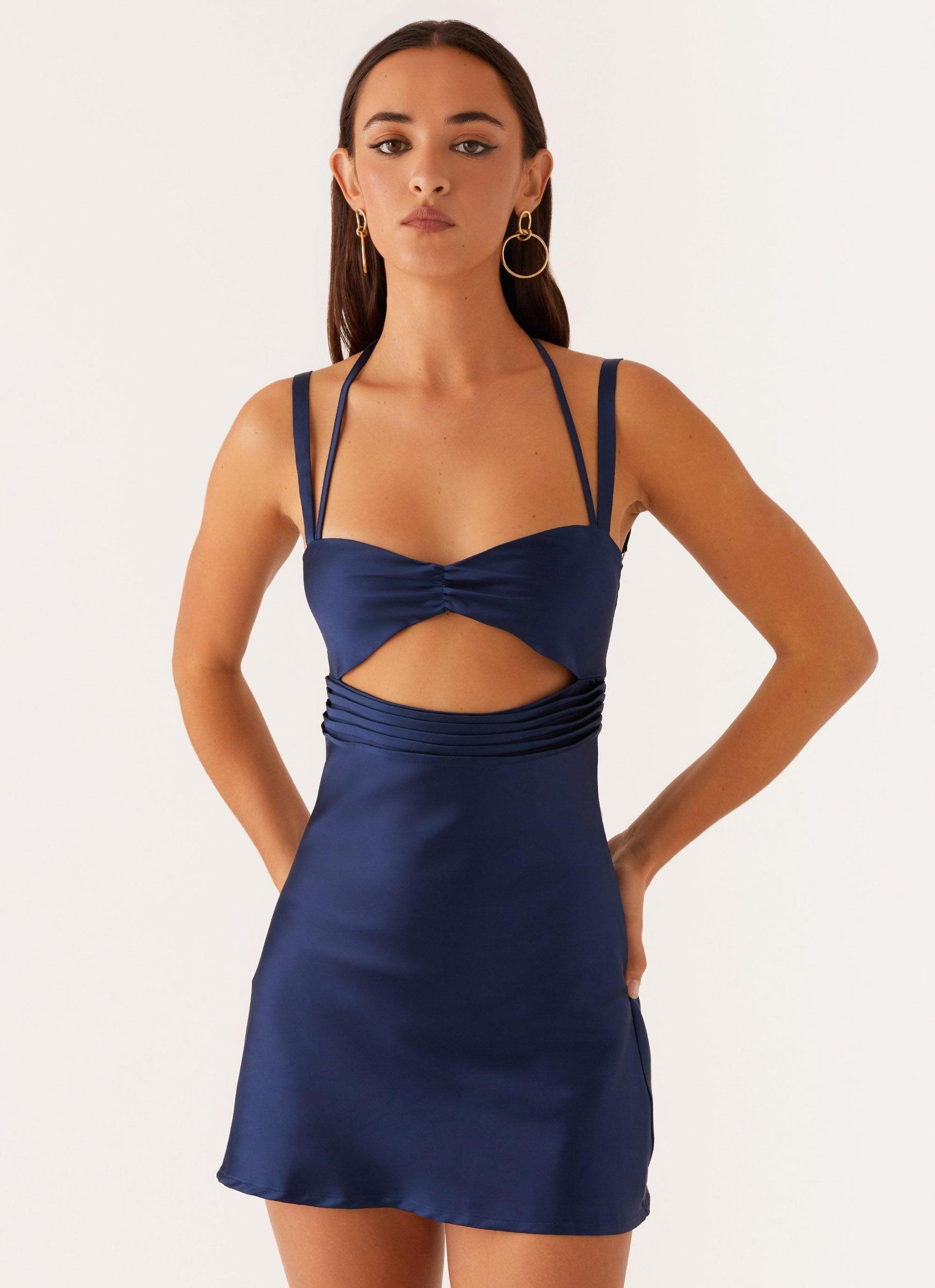 Romona Satin Mini Dress - Navy Product Image