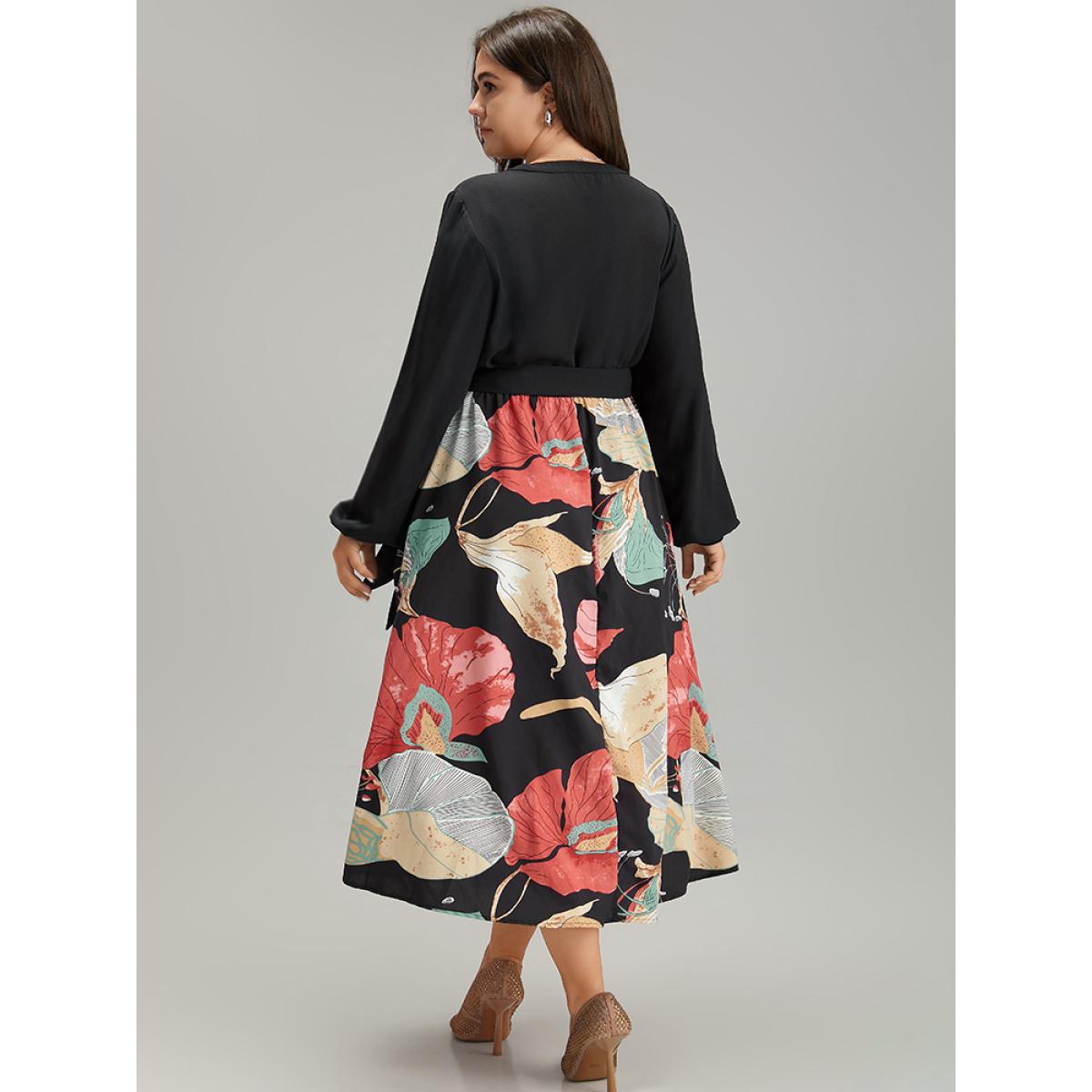Plus Size Floral Print Patchwork Notched Belted Dress Black Women Elegant Elastic cuffs Notched collar Long Sleeve Curvy Midi Dress BloomChic 10/M Product Image