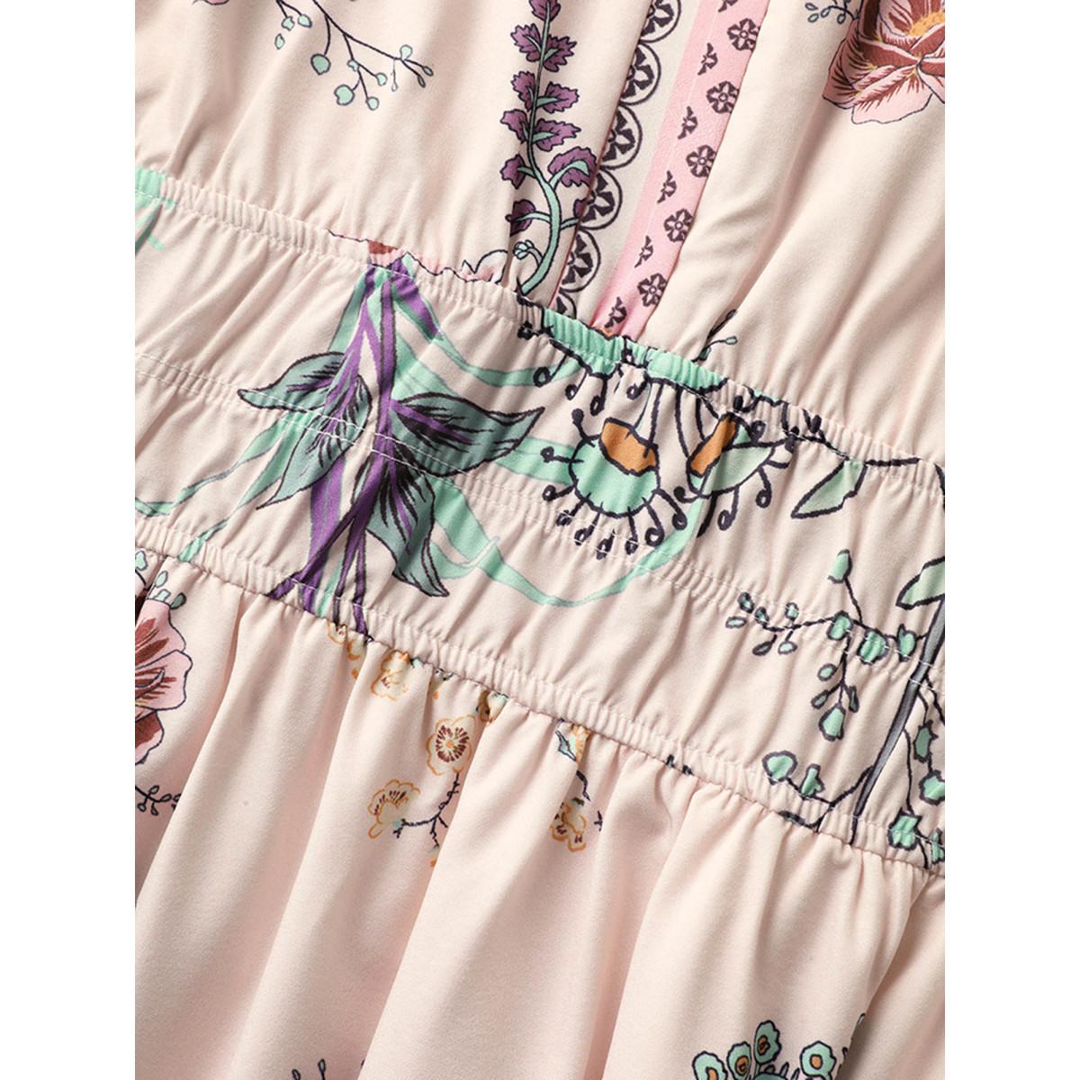 Plus Size Floral Print Waist Defining Midi Dress Peach Women Notched collar Short sleeve Curvy BloomChic 26/4X Product Image