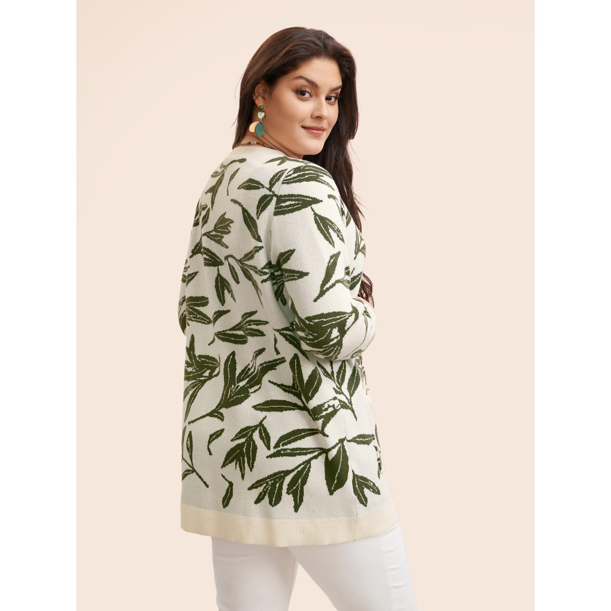 Plus Size Leaf Pattern Patch Pocket Jacquard Cardigan Beige Women Casual Loose Long Sleeve Everyday Cardigans BloomChic 28/5X Product Image