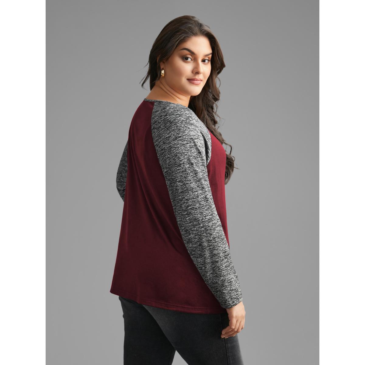 Plus Size Heather Patchwork Button Detail Stretchy T-Shirt Burgundy Women Leisure Contrast Flat collar with V-notch Casual T-shirts BloomChic 18-20/2X Product Image