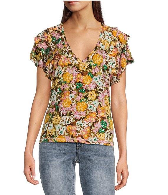 Democracy Petite Size Slub Jersey Knit Floral V-Neck Tiered Short Sleeve Top Product Image