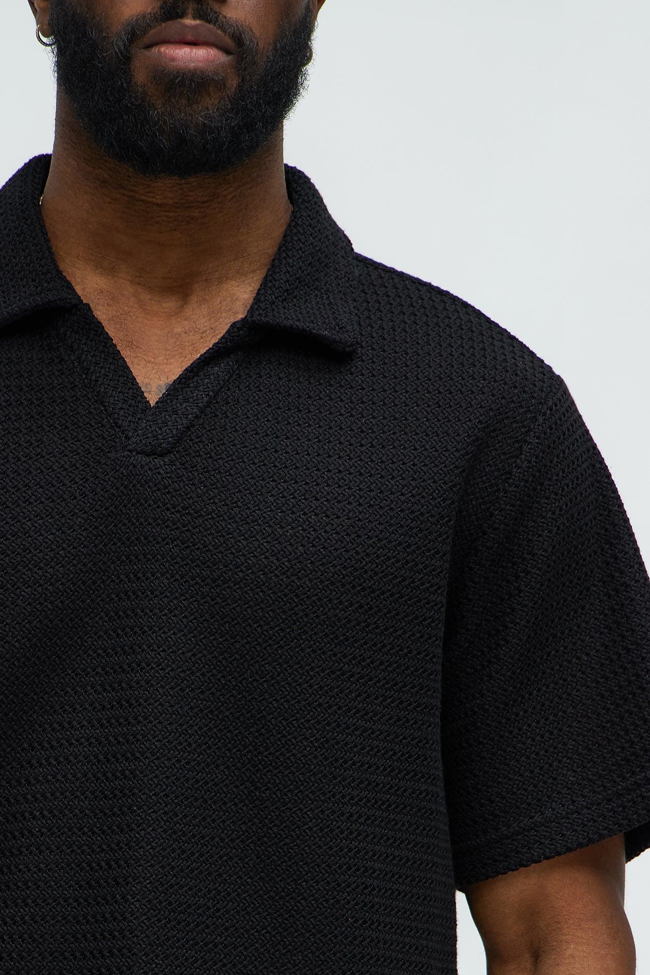 Raffia Texture Knit Johnny Collar Shirt - Black Product Image