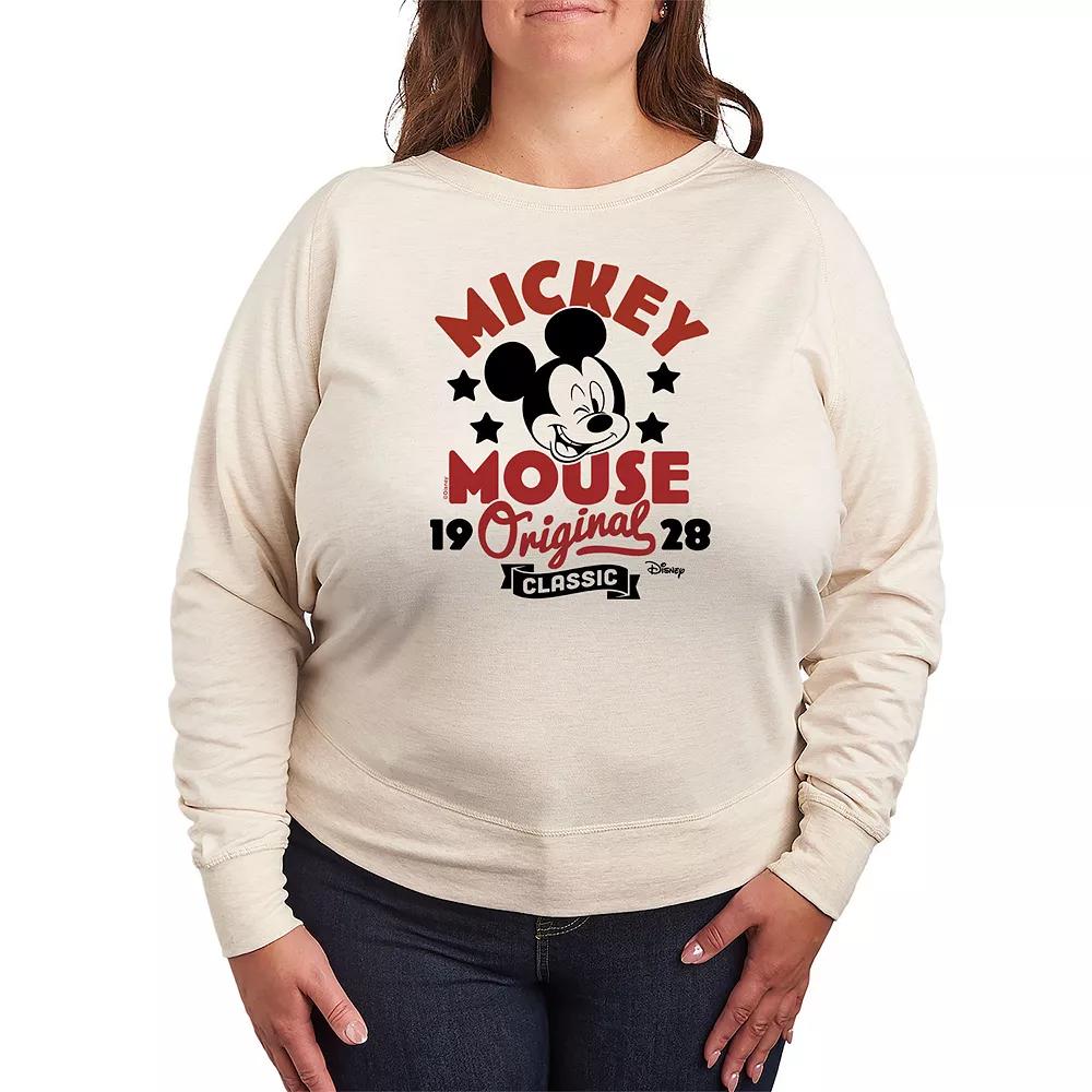 Disneys Mickey Mouse Plus Size Badge French Terry Long Sleeve Tee, Womens Beigh Green Product Image