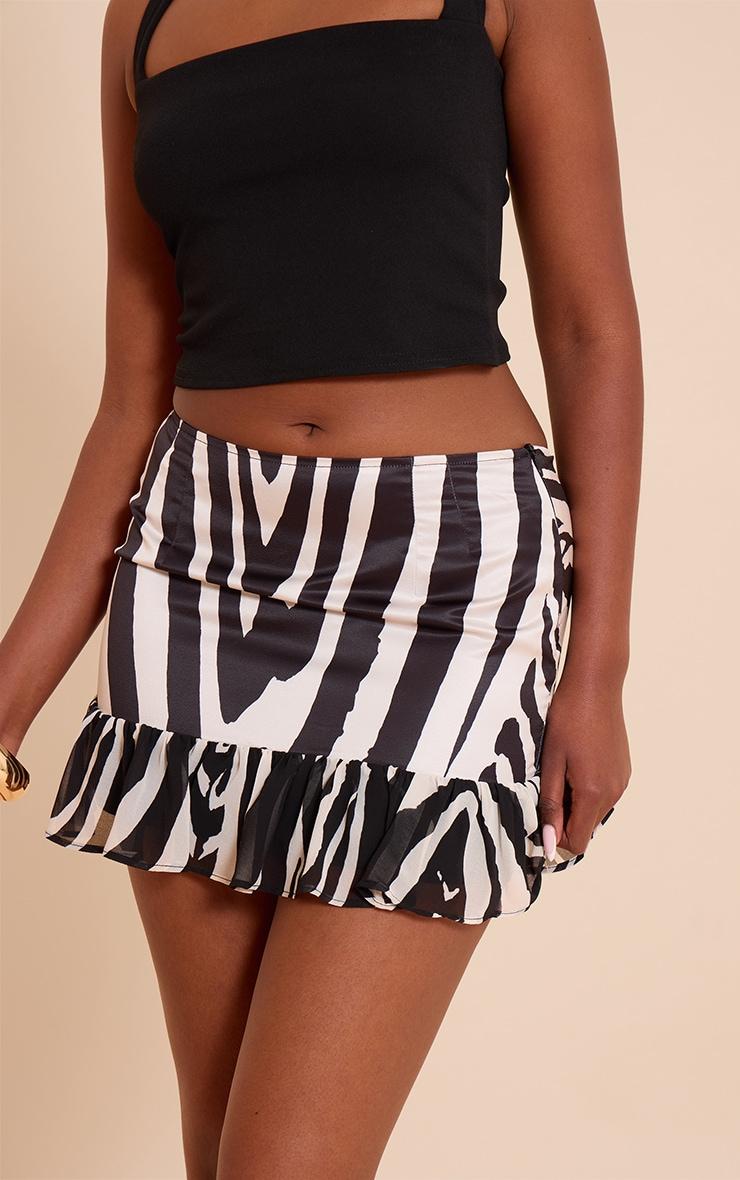 Black Satin Printed Chiffon Frill Hem Mini Skirt Product Image