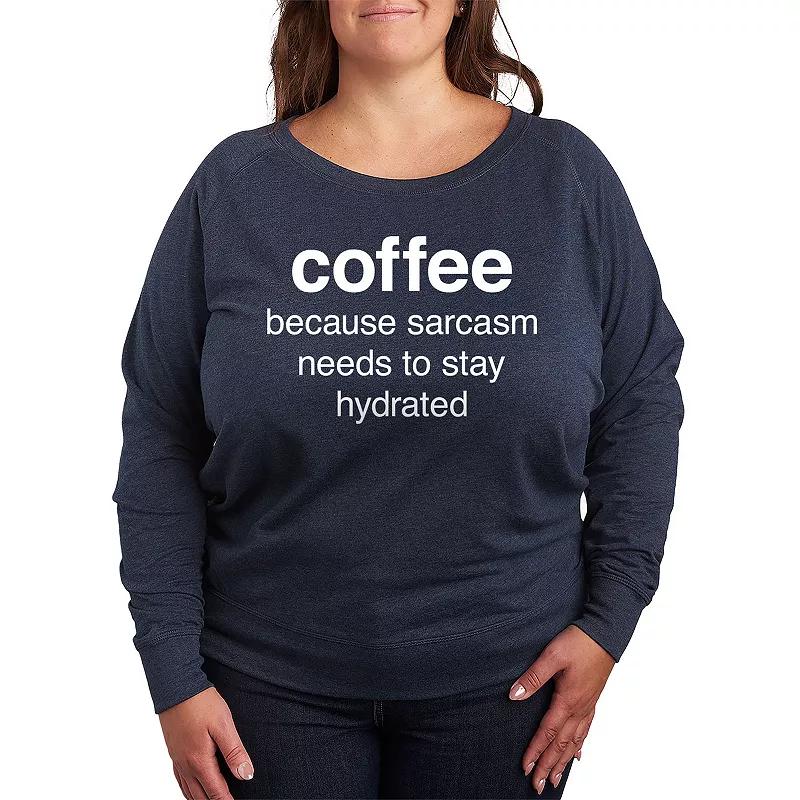 Plus Size Coffee Sarcasm Hydrated French Terry Long Sleeve Tee, Womens Grey Maroon Product Image