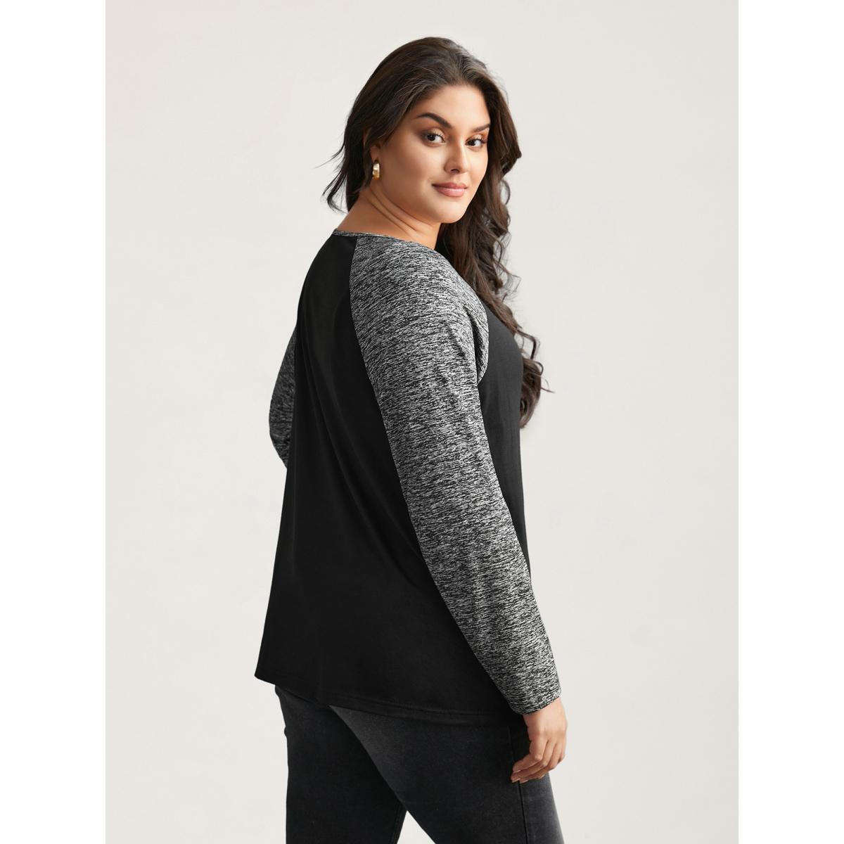 Plus Size Heather Patchwork Button Detail Stretchy T-Shirt Black Women Casual Contrast Flat collar with V-notch Everyday T-shirts BloomChic 22-24/3X Product Image