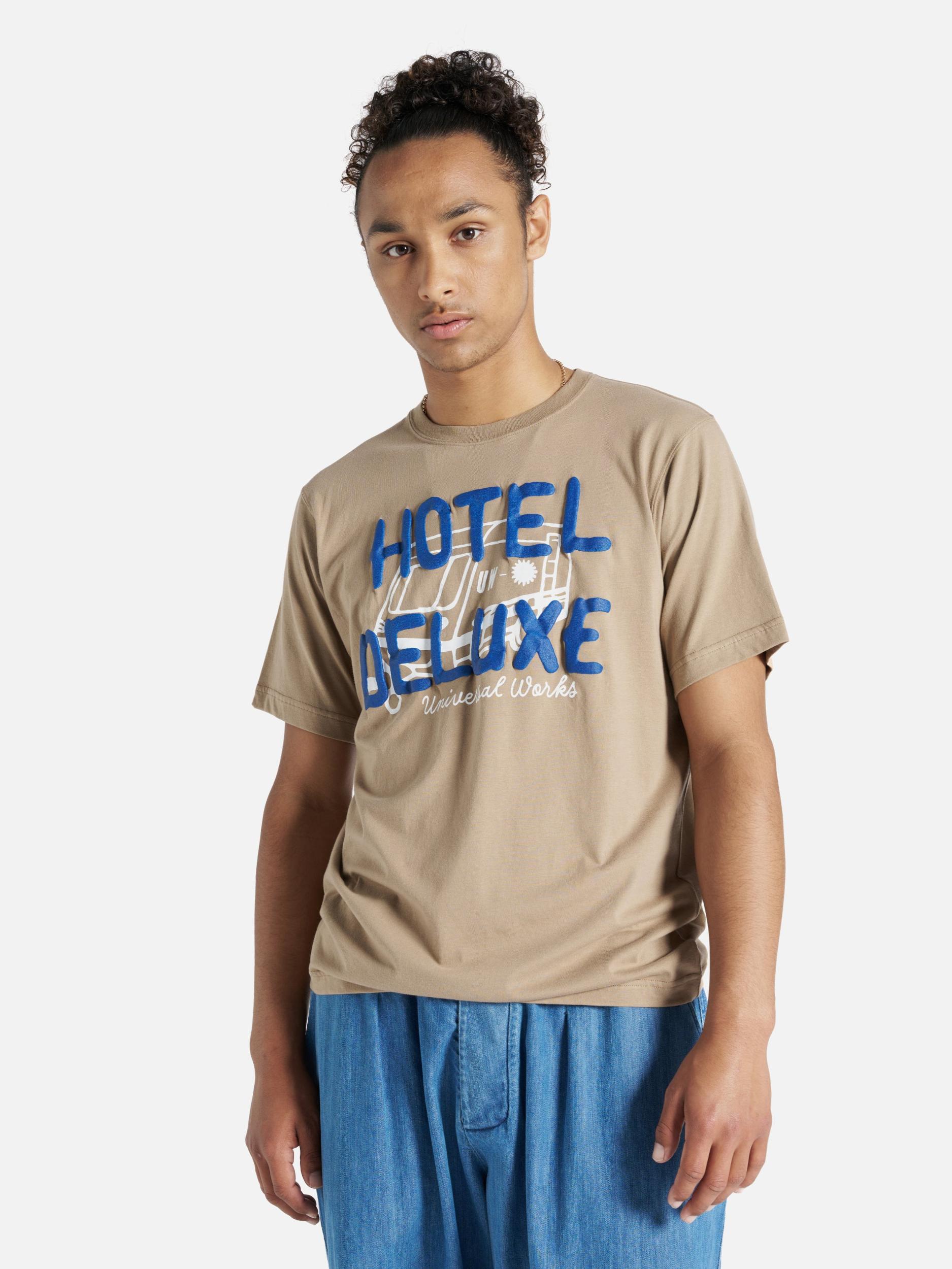 Universal Works Print Tee in Sand 'Hotel Deluxe' Single Jersey Product Image