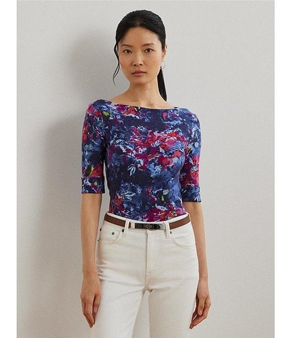 Lauren Ralph Lauren Printed Stretch Cotton Boat Neck Elbow Sleeve T-Shirt Product Image