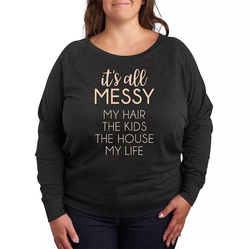Plus Size Its All Messy French Terry Long Sleeve Tee, Womens Heather Grey Product Image