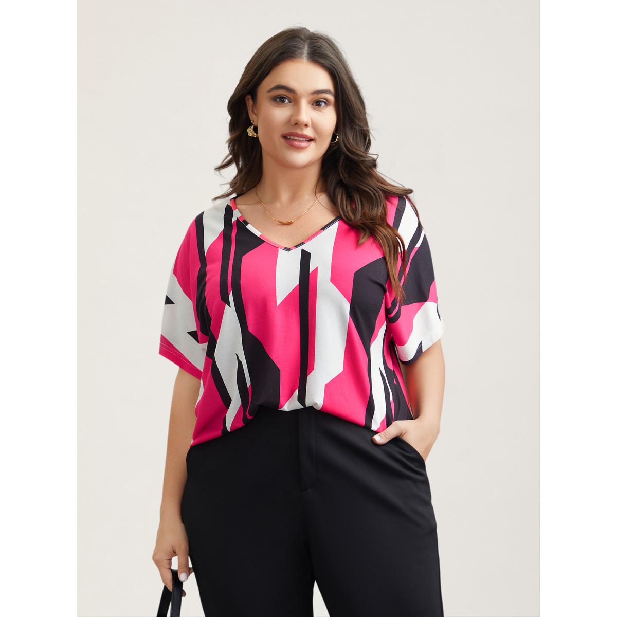 Plus Size Abstract Print V-Neck T-Shirt Multicolor Women Casual Contrast V-neck Everyday T-shirts BloomChic 14-16/1X Product Image