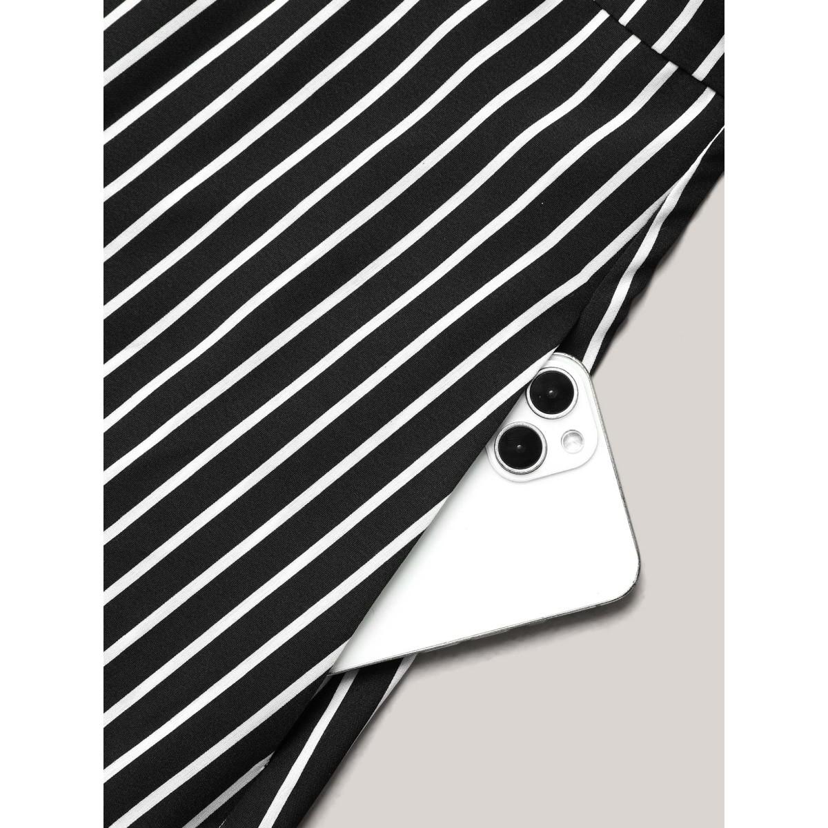 Plus Size Striped Belted Notched Collar Midi Dress Black Women At the Office Belted Flat collar with V-notch Elbow-length sleeve Curvy BloomChic 28/5X Product Image