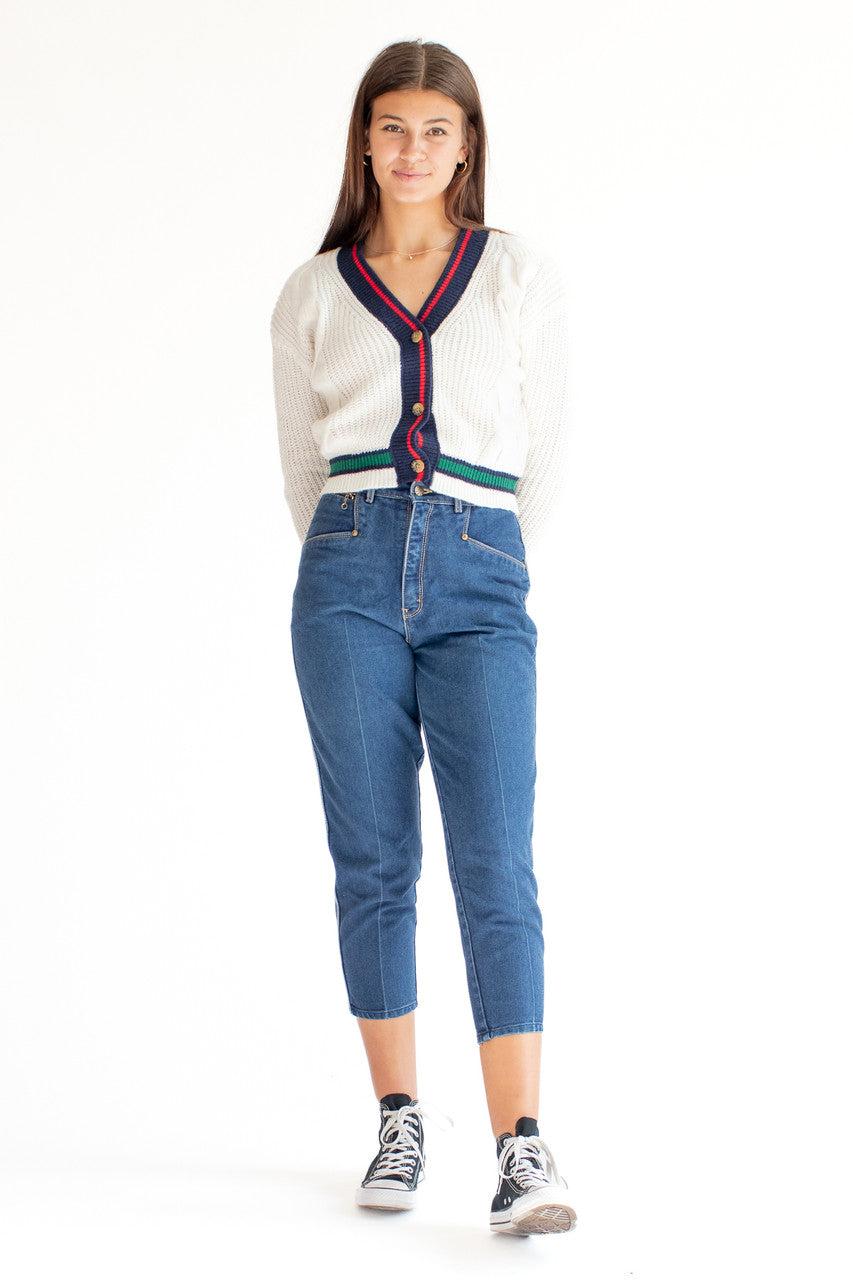 White Cable Knit Varsity Cardigan Product Image