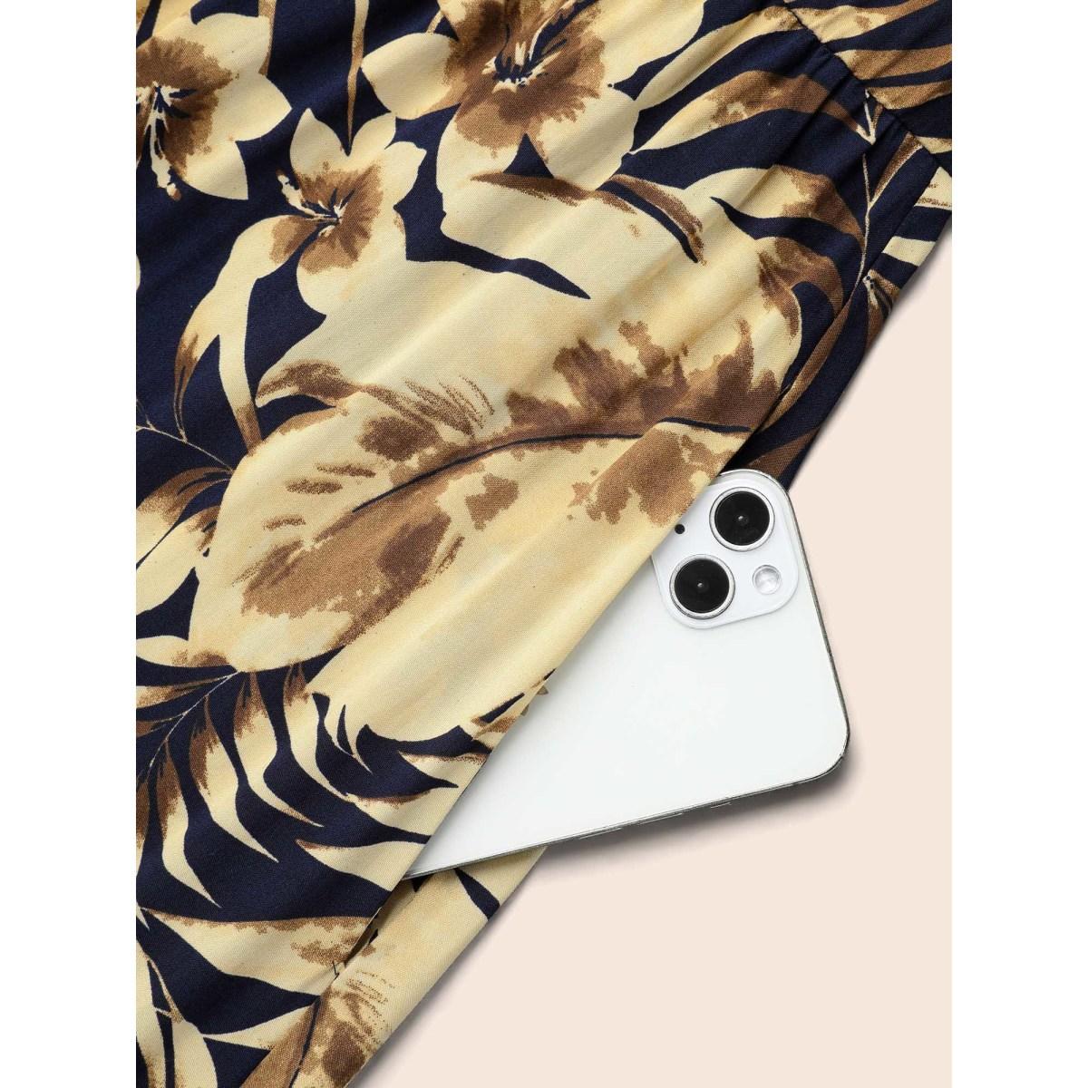 Plus Size Tropical Print Stretchy-Waist Pockets Midi Dress DarkBlue Women Resort Non V-neck Elbow-length sleeve Curvy BloomChic 10/M Product Image