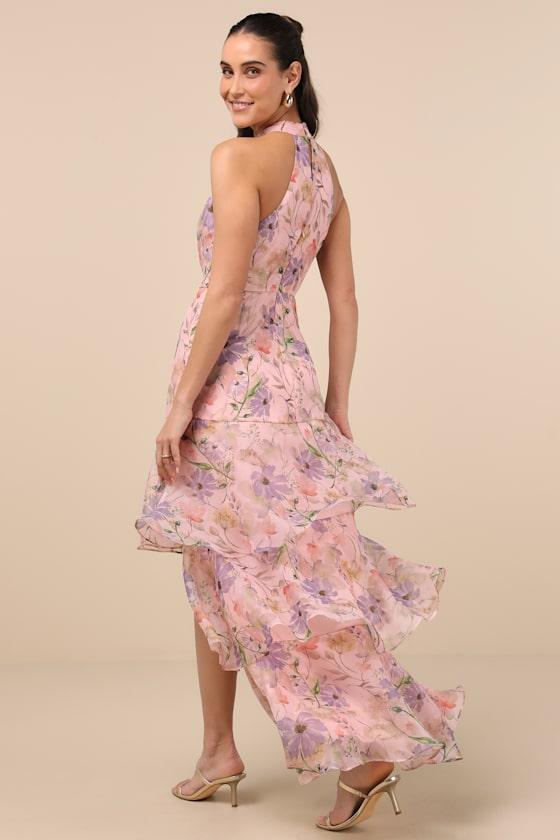 Forever Exceptional Light Pink Floral Halter Organza Maxi Dress Product Image