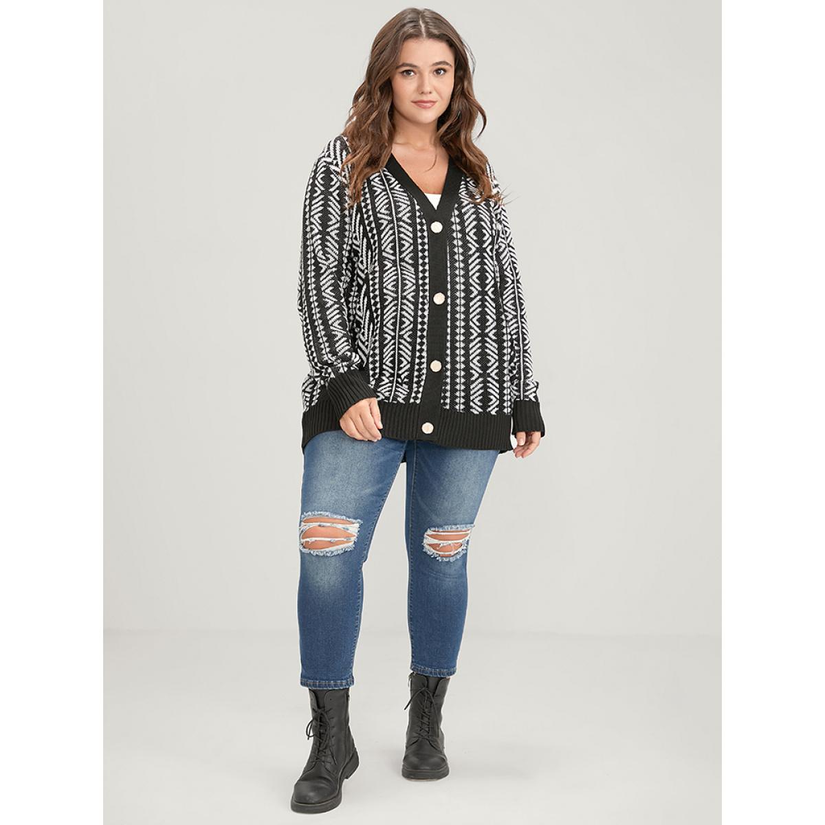 Plus Size Bandana Geometric Pointelle Knit Contrast Button Front Cardigan Black Women Casual Loose Long Sleeve Dailywear Cardigans BloomChic 10/M Product Image
