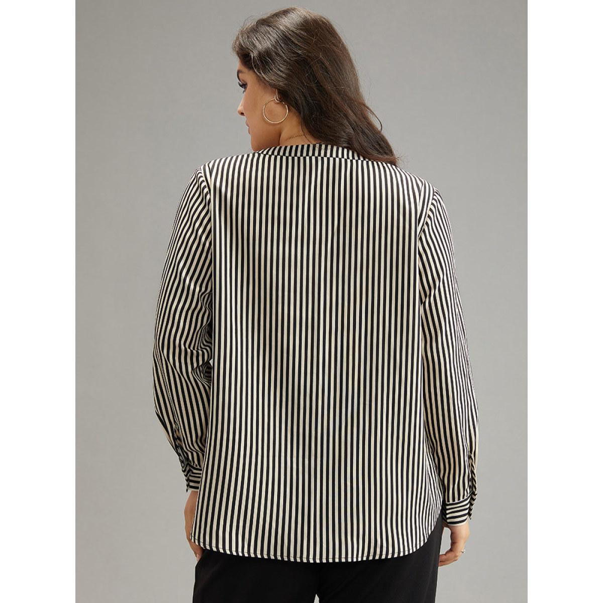 Plus Size LightBrown Striped Notched Button Through Blouse Women Office Long Sleeve Shirt collar Work Blouses BloomChic 30/6X Product Image