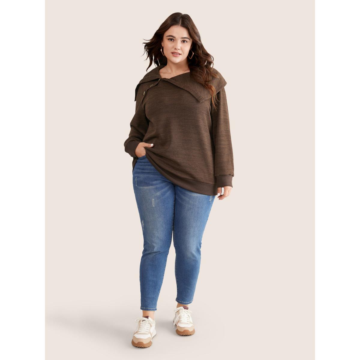 Plus Size Plisse Lapel Collar Button Detail Sweatshirt Women DarkBrown Casual Texture Lapel Collar Dailywear Sweatshirts BloomChic 10/M Product Image