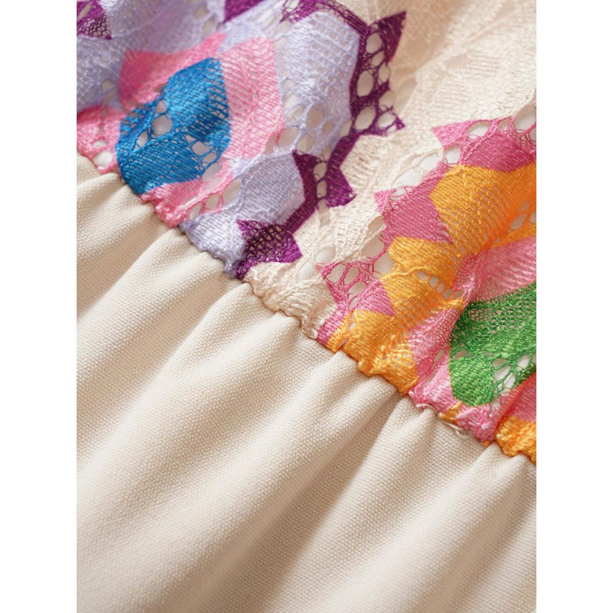 Plus Size Floral Patchwork Square Neck Gathered Dress Apricot Women Resort Texture Square Neck Long Sleeve Curvy Midi Dress BloomChic 14-16/1X Product Image