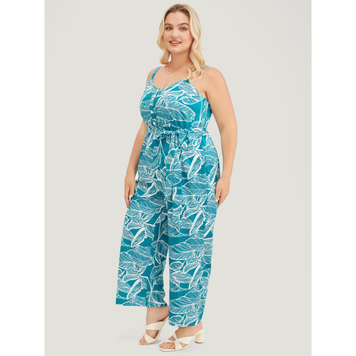 Plus Size Emerald Plant Print Button Through Pocket Belt Cami Jumpsuit Women Vacation Sleeveless Spaghetti Strap Dailywear Loose Jumpsuits BloomChic 12/L Product Image