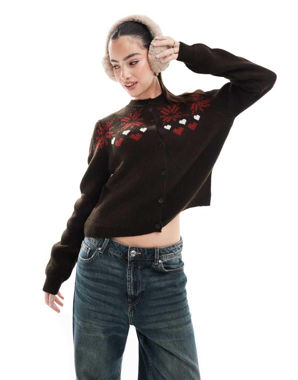 Miss Selfridge jacquard snowflake heart knit cardigan in chocolate Product Image