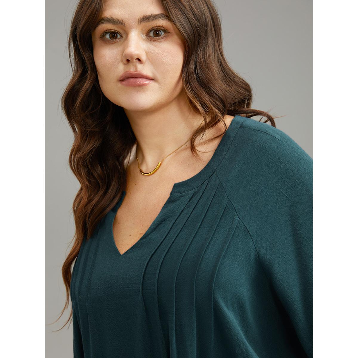 Plus Size Cyan Plain Raglan Sleeve Plicated Detail Blouse Women Office Long Sleeve V-neck Office Blouses BloomChic 14-16/1X Product Image