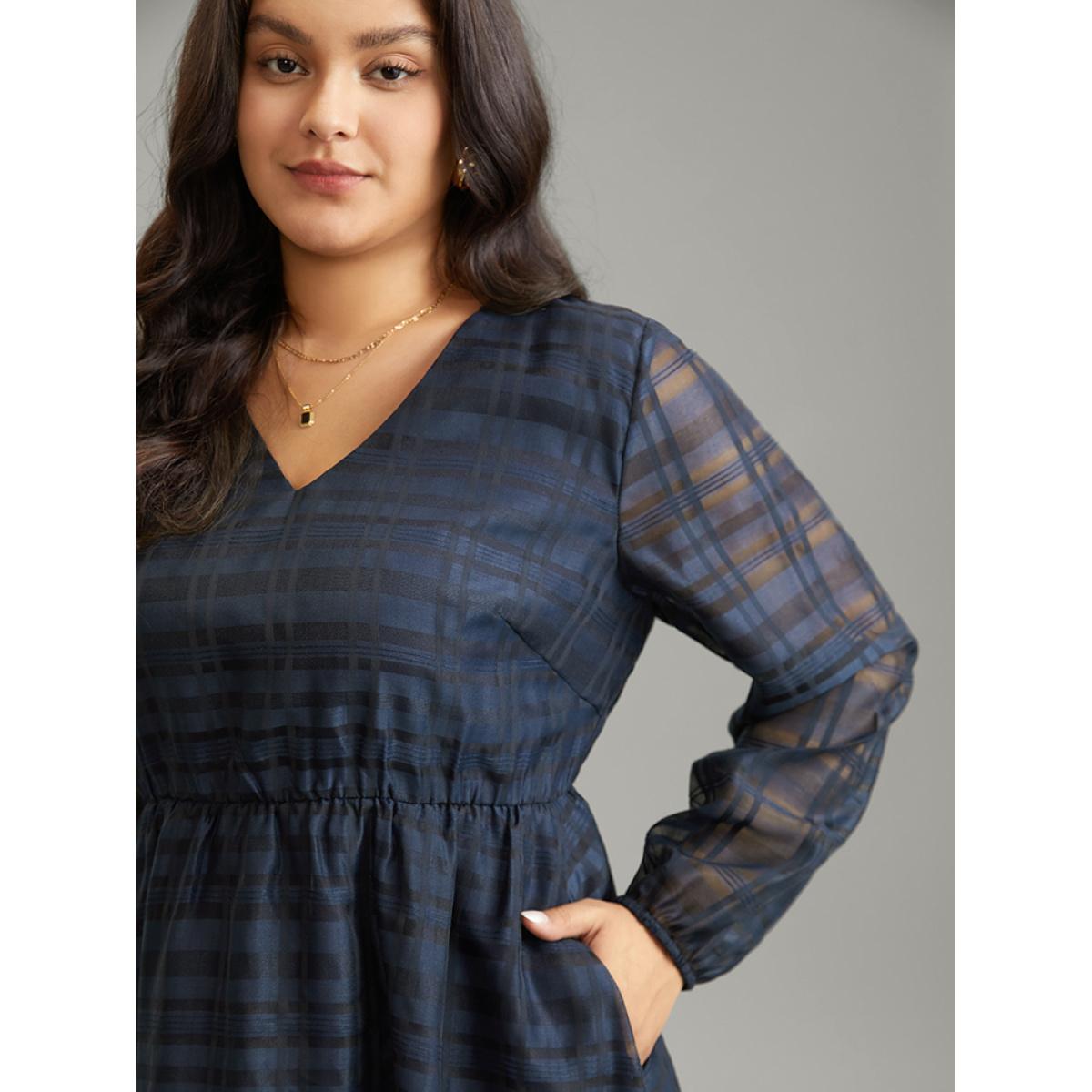 Plus Size Geometric Graphic Mesh Lantern Sleeve Dress DarkBlue Women Elegant Elastic cuffs V-neck Long Sleeve Curvy Midi Dress BloomChic 26/4X Product Image