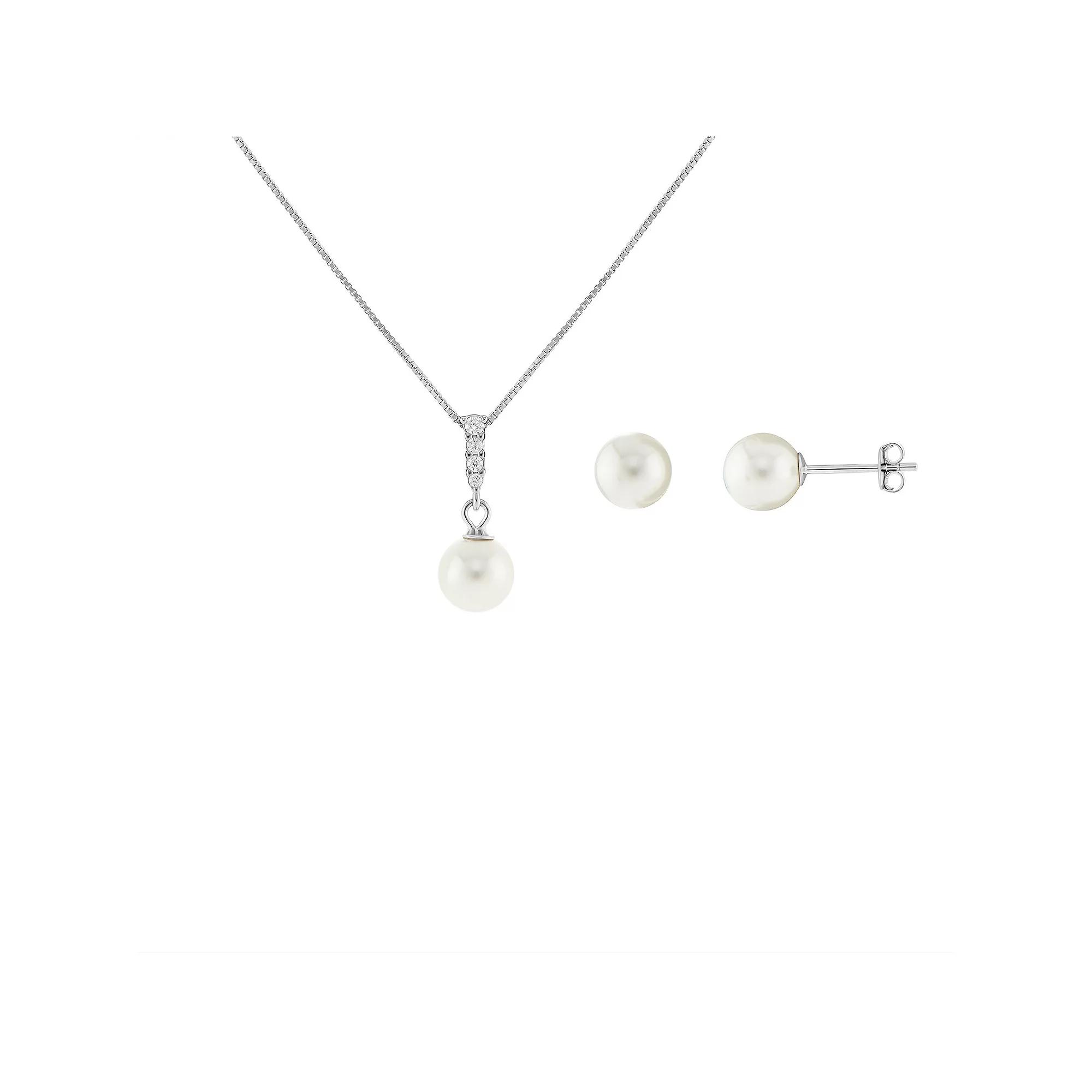 PRIMROSE Sterling Silver Simulated Pearl & Cubic Zirconia Pendant Necklace & Stud Earrings Set, Women's, Size: 18", Sterling Silver White Product Image