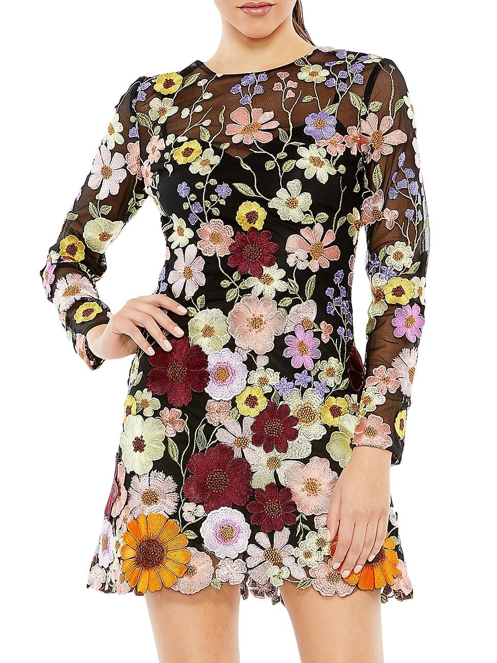 Womens Long-Sleeve Embroidered Floral Minidress Size 0 Product Image