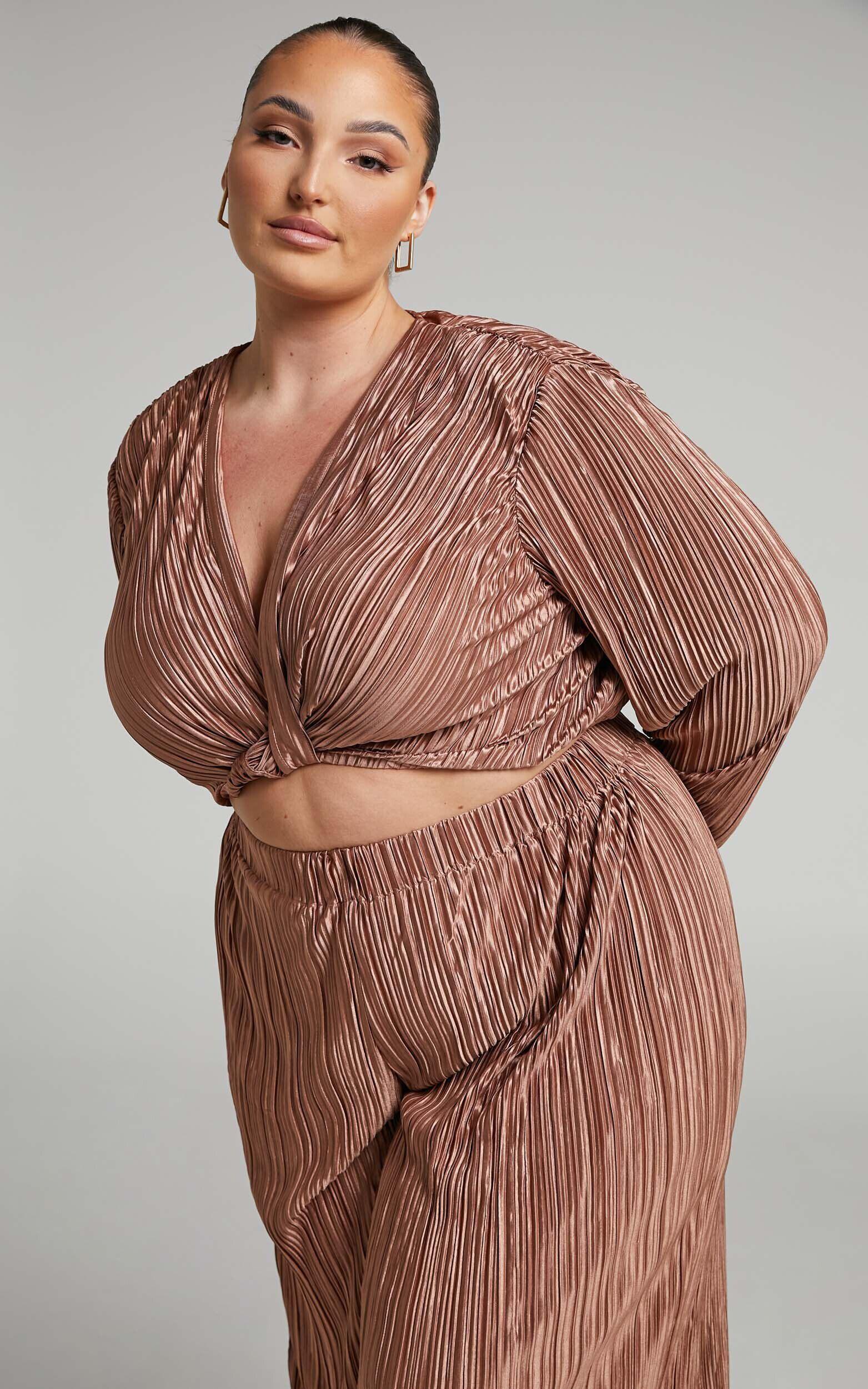 Aluna Two Piece Set - Plisse Twist Front Crop Top and Wide Leg Pants Set in Chocolate Product Image