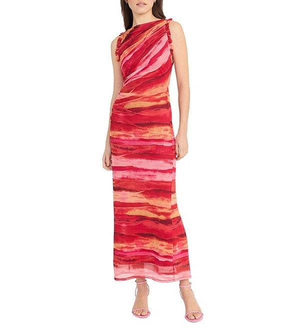 Donna Morgan Power Mesh Multi Print Boat Neck Sleeveless Sheath Midi Dress Product Image