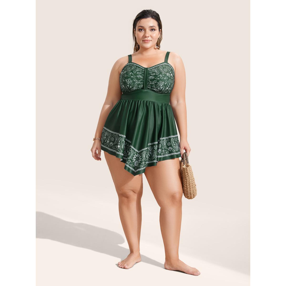 Plus Size Paisley Print Ruched Adjustable Straps Swim Dress Women's Swimwear ArmyGreen Beach Bodycon Heart neckline High stretch Curve Swim Dresses BloomChic 26/4X Product Image