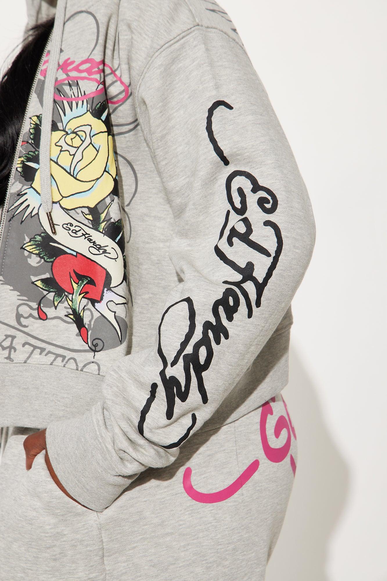 Ed Hardy Rose And Sword Zip Front Hoodie - Heather Grey Product Image