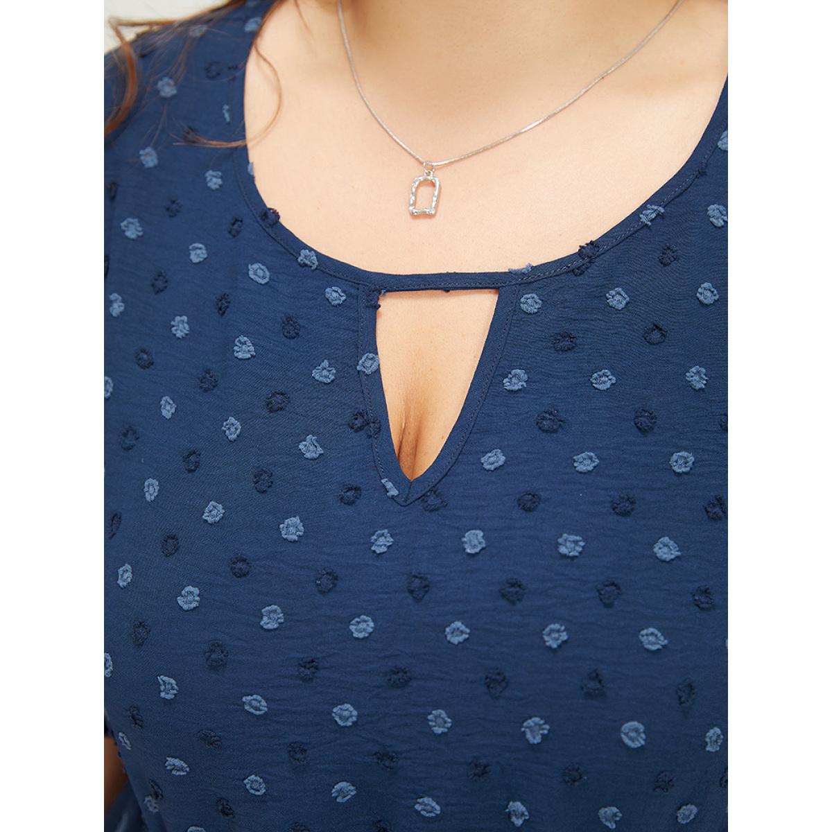 Plus Size Polka Dot Pocket Cut Out Petal Sleeve Dress DarkBlue Women Office Plain Round Neck Short sleeve Curvy Midi Dress BloomChic 12/L Product Image