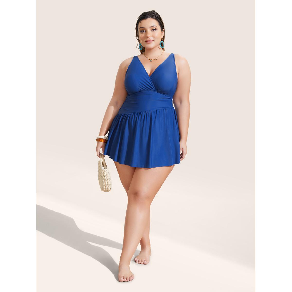 Plus Size Solid Surplice Neck Gathered Swim Dress Women's Swimwear Indigo Beach Bodycon V-neck High stretch Curve Swim Dresses BloomChic 18-20/2X Product Image