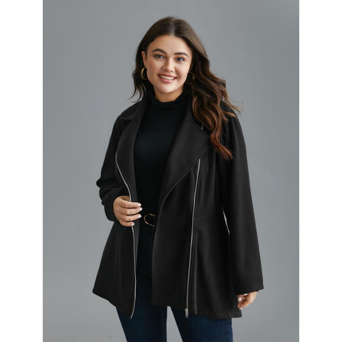 Plus Size Curved Hem Zipper Placket Pockets Coat Women Black Elegant Non Bodycon Ladies Everyday Winter Coats BloomChic 14-16/1X Product Image