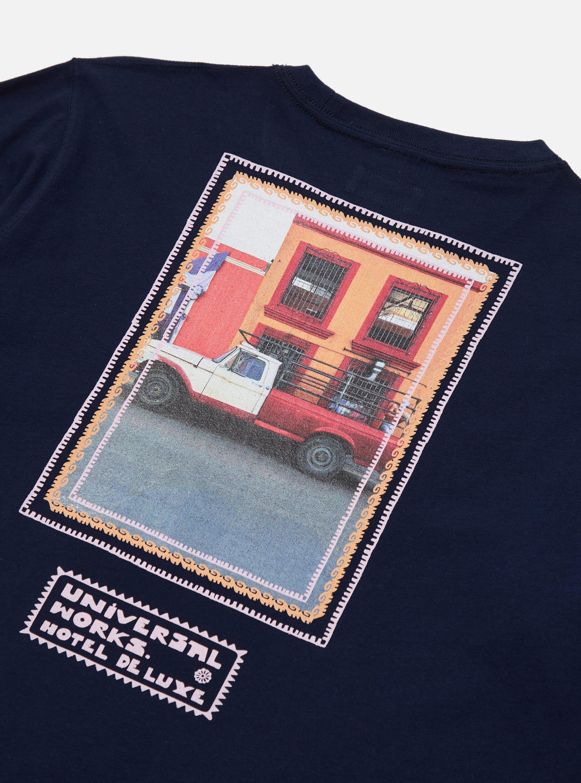 Universal Works Print Tee in Navy/Pink Single Jersey Pickup Product Image
