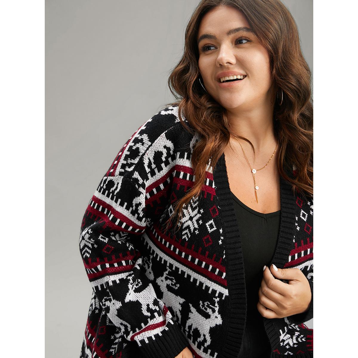Plus Size Christmas Elk Open Front Pocket Cardigan Black Women Casual Loose Long Sleeve Festival-Christmas Cardigans BloomChic 14-16/1X Product Image