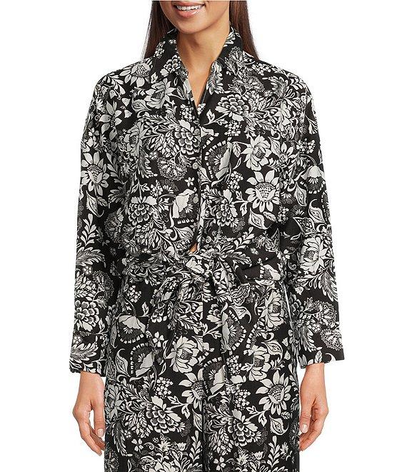 Calessa Coordinating Garden Floral Point Collar Roll Tab Long Sleeve Tie-Front Blouse Product Image
