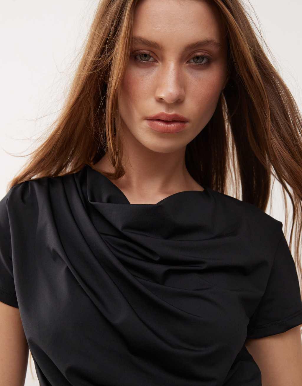 COLLUSION cowling drape detail slinky cap sleeve top in black Product Image