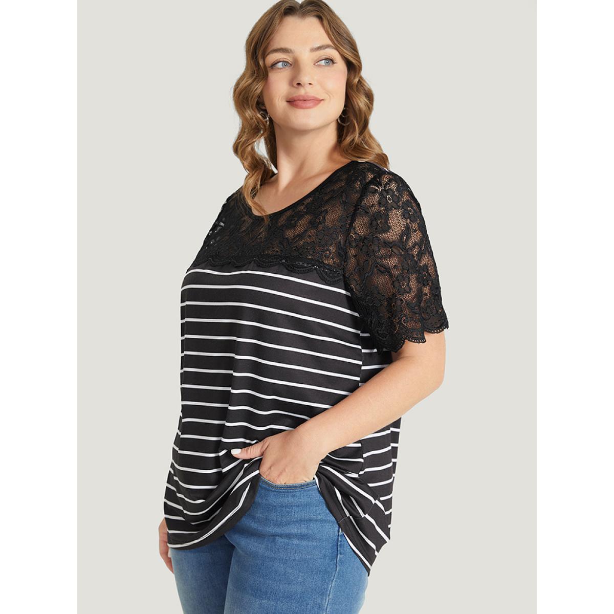 Plus Size Striped Patchwork Lace Scalloped Trim T-shirt Black Women Elegant Contrast Striped Round Neck Dailywear T-shirts BloomChic 26/4X Product Image