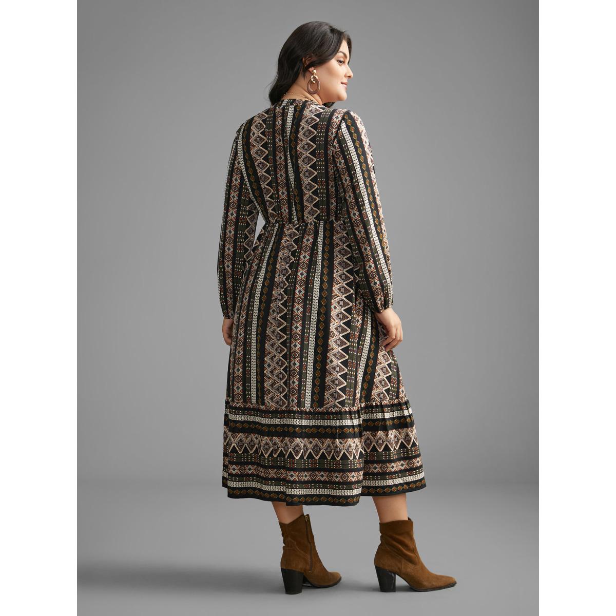 Plus Size Bandana Lantern Sleeve Ruffle Hem Dress Black Women Resort Non Notched collar Long Sleeve Curvy BloomChic 28/5X Product Image