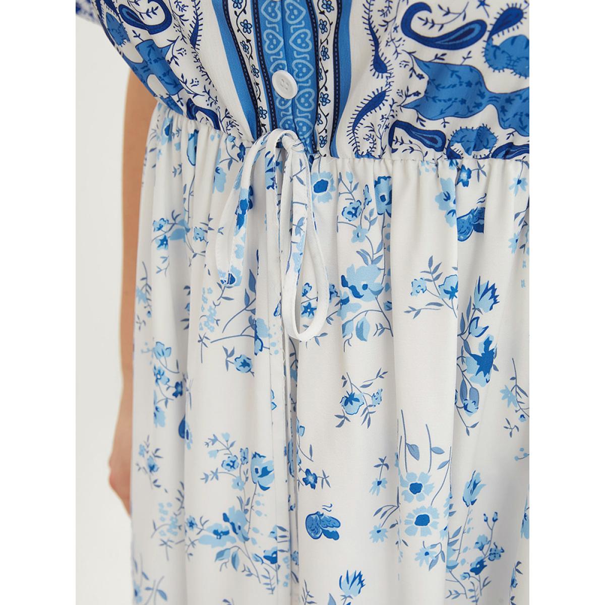 Plus Size Bandana Ruffle Sleeve Button Detail Pocket Ties Up Dress LightBlue Women Vacation Pocket V-neck Short sleeve Curvy Midi Dress BloomChic 12/L Product Image