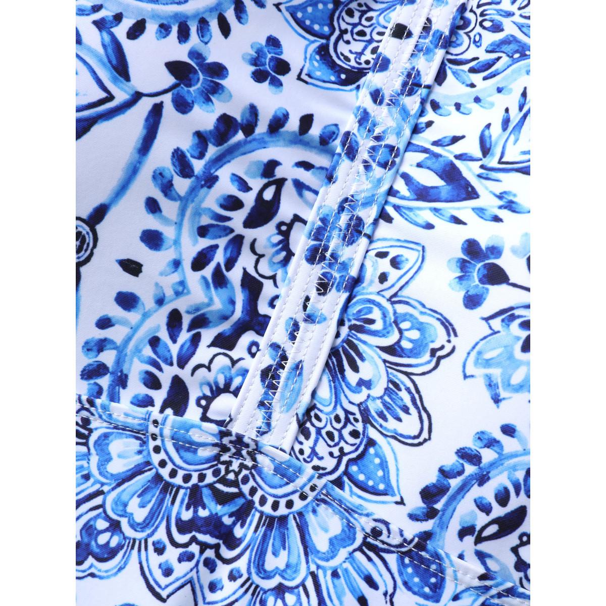 Plus Size Boho Print Fit and Flare Swim Top Women's Swimwear Skyblue Resort High stretch Bodycon V-neck Curve Swim Tops BloomChic 12/L Product Image