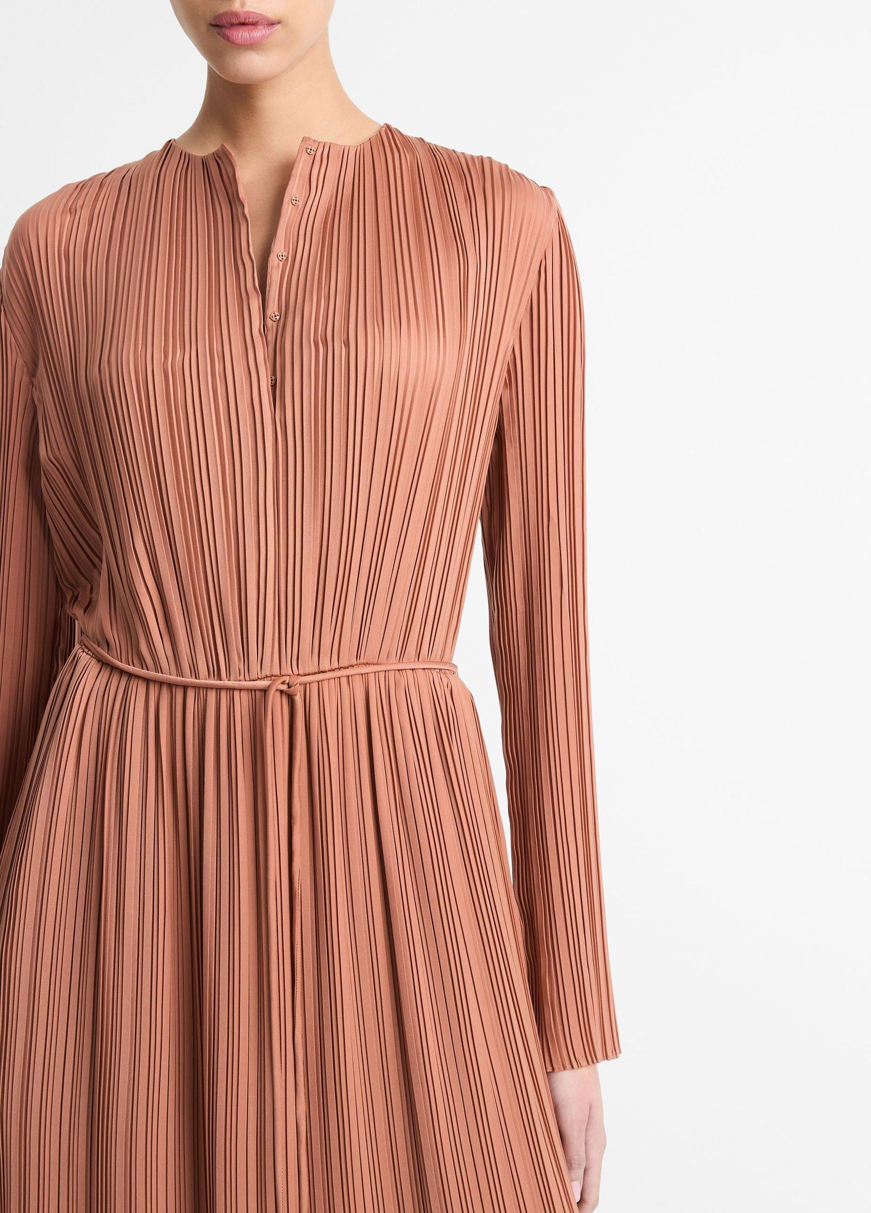 Pleated Satin Long-Sleeve Dress Product Image